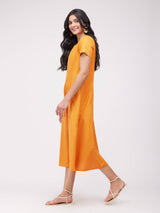 Cotton Solid A-Line Dress - Mustard