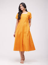Cotton Solid A-Line Dress - Mustard