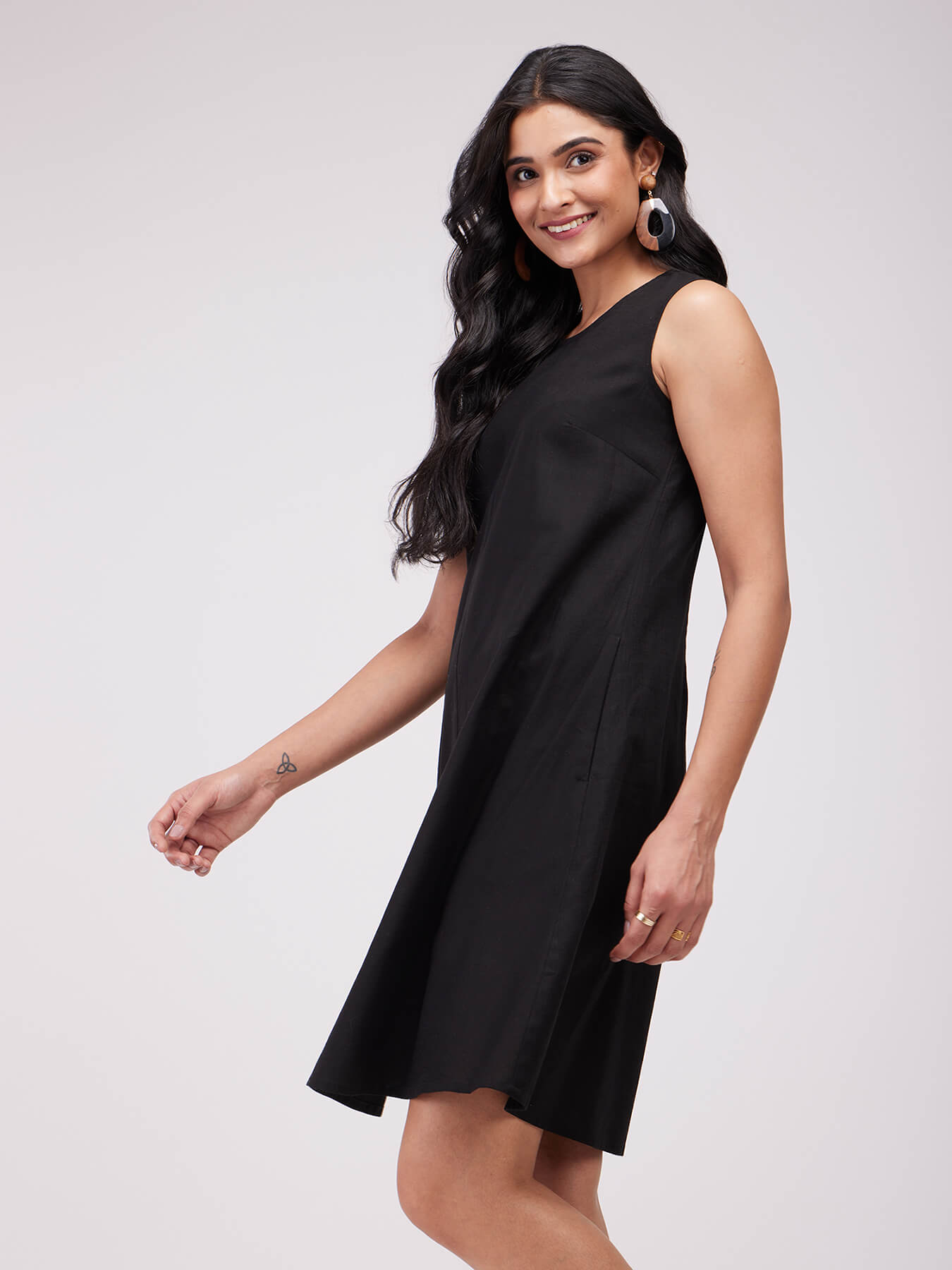 Cotton Solid A-Line Dress - Black