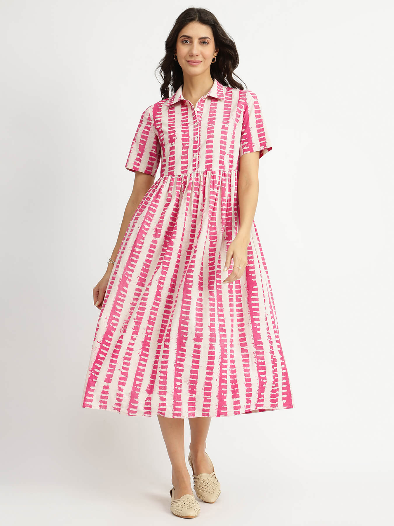 Cotton Dabu Striped Shirt Dress - Pink