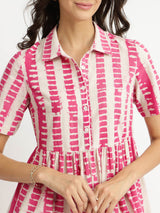 Cotton Dabu Striped Shirt Dress - Pink