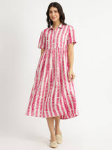 Cotton Dabu Striped Shirt Dress - Pink