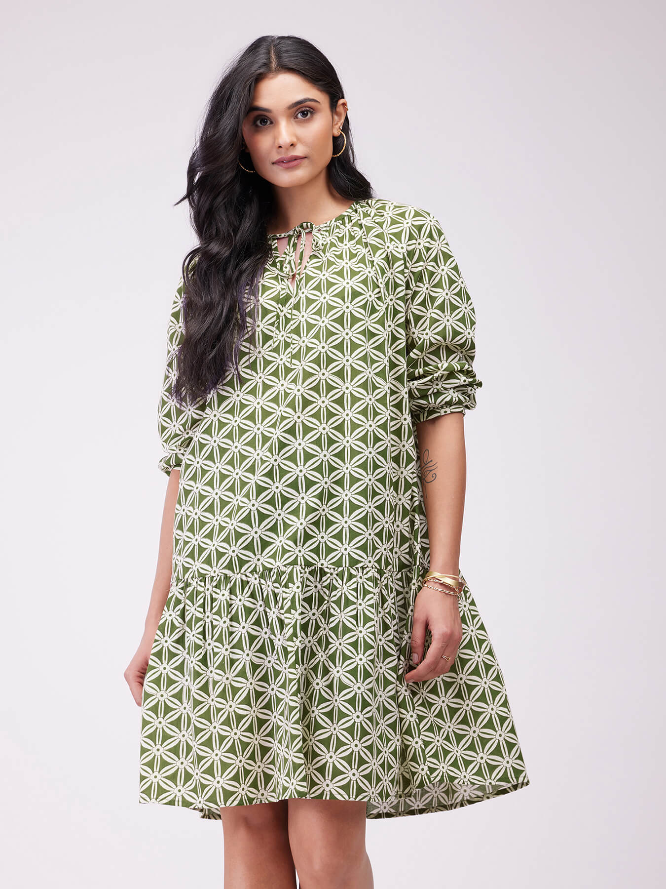 Cotton Geometric Tie-Up Dress - Olive
