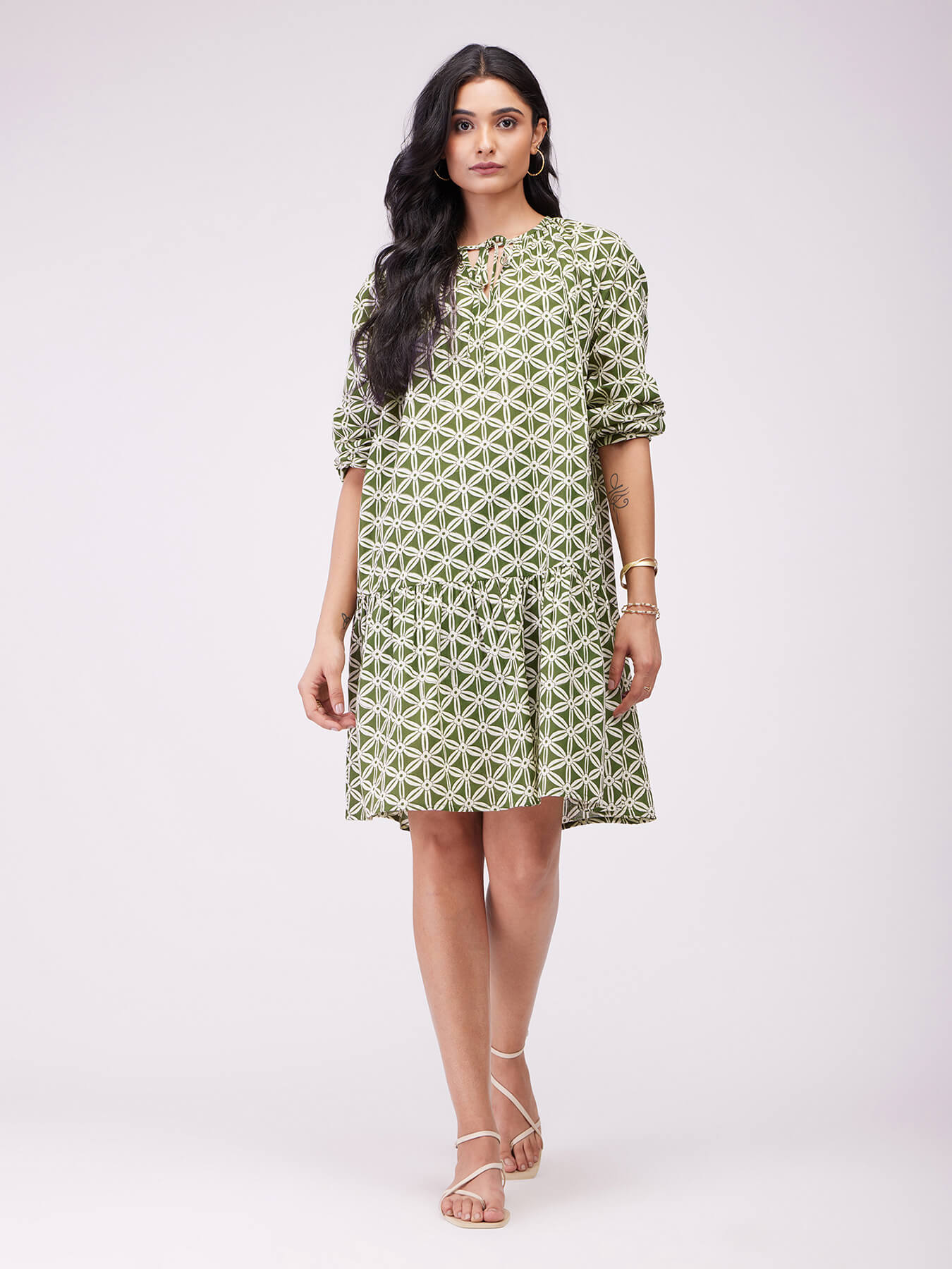 Cotton Geometric Tie-Up Dress - Olive