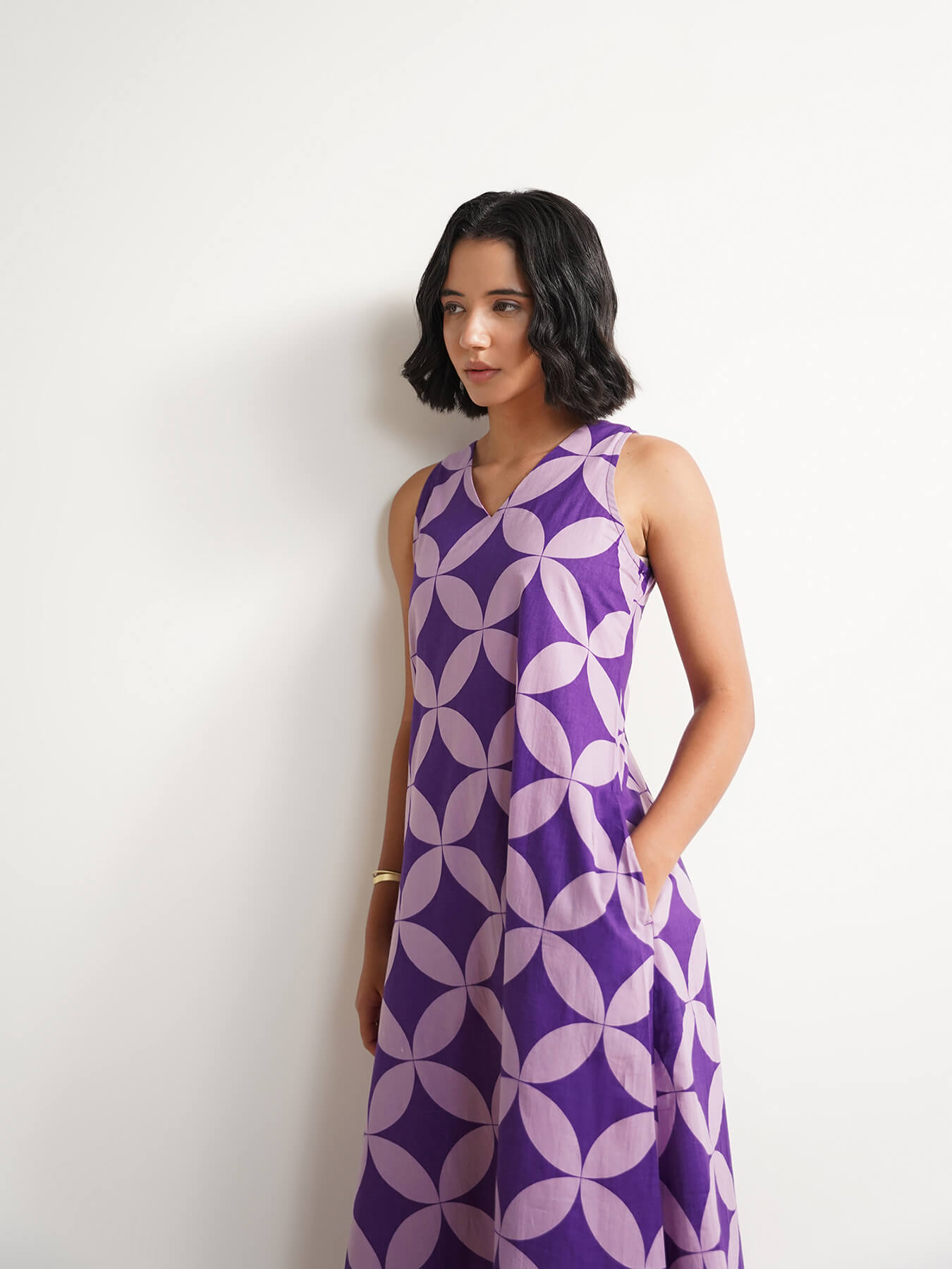 Cotton Geometric A-Line Dress - Lavender