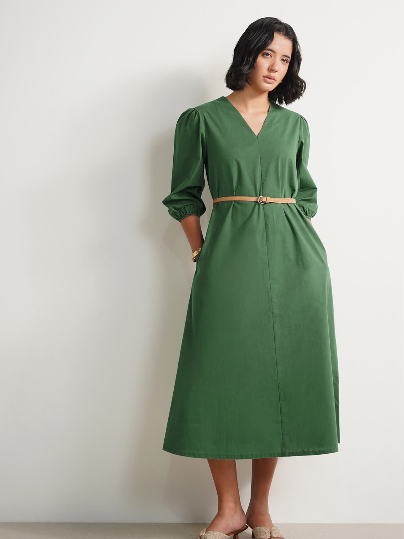 Cotton Solid Relaxed Dress - Green
