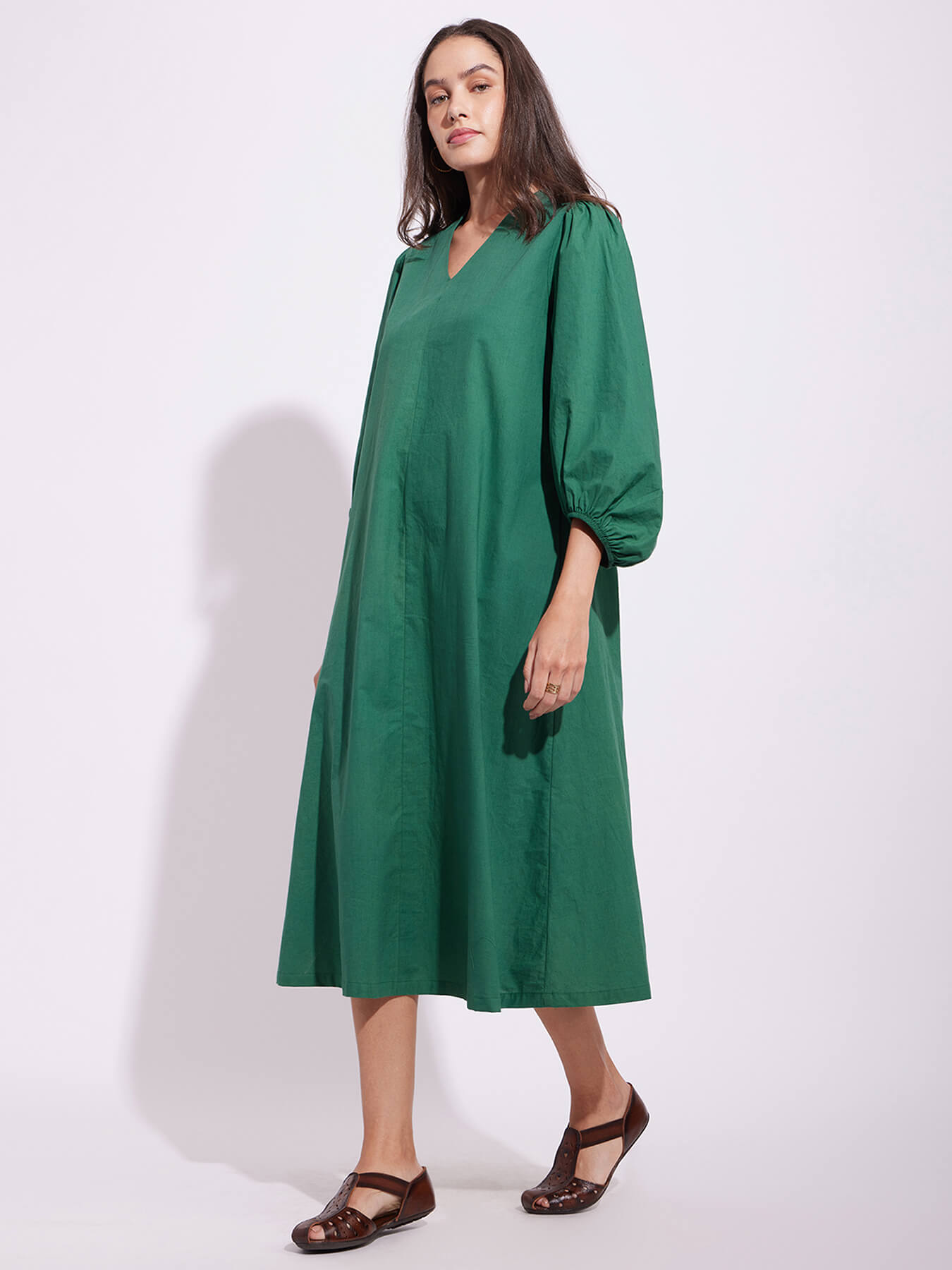 Cotton Solid Relaxed Dress - Green
