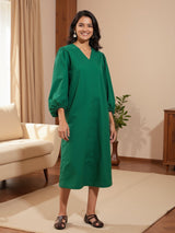 Cotton Solid Relaxed Dress - Green