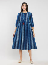 Cotton Dabu Geometric Tie-Up Dress - Indigo