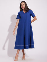 Cotton Solid A-Line Dress - Blue