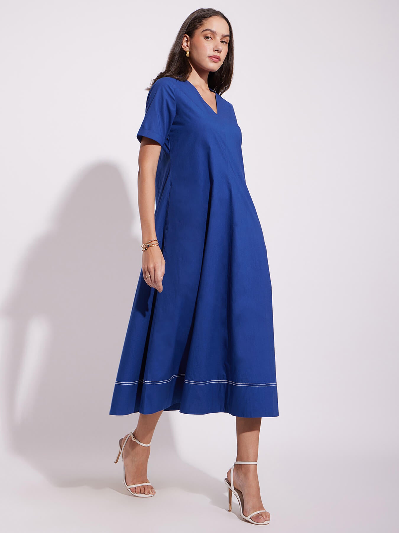 Cotton Solid A-Line Dress - Blue