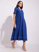 Cotton Solid A-Line Dress - Blue