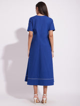 Cotton Solid A-Line Dress - Blue