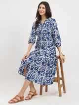 Cotton Dabu Floral Tiered Dress - Indigo