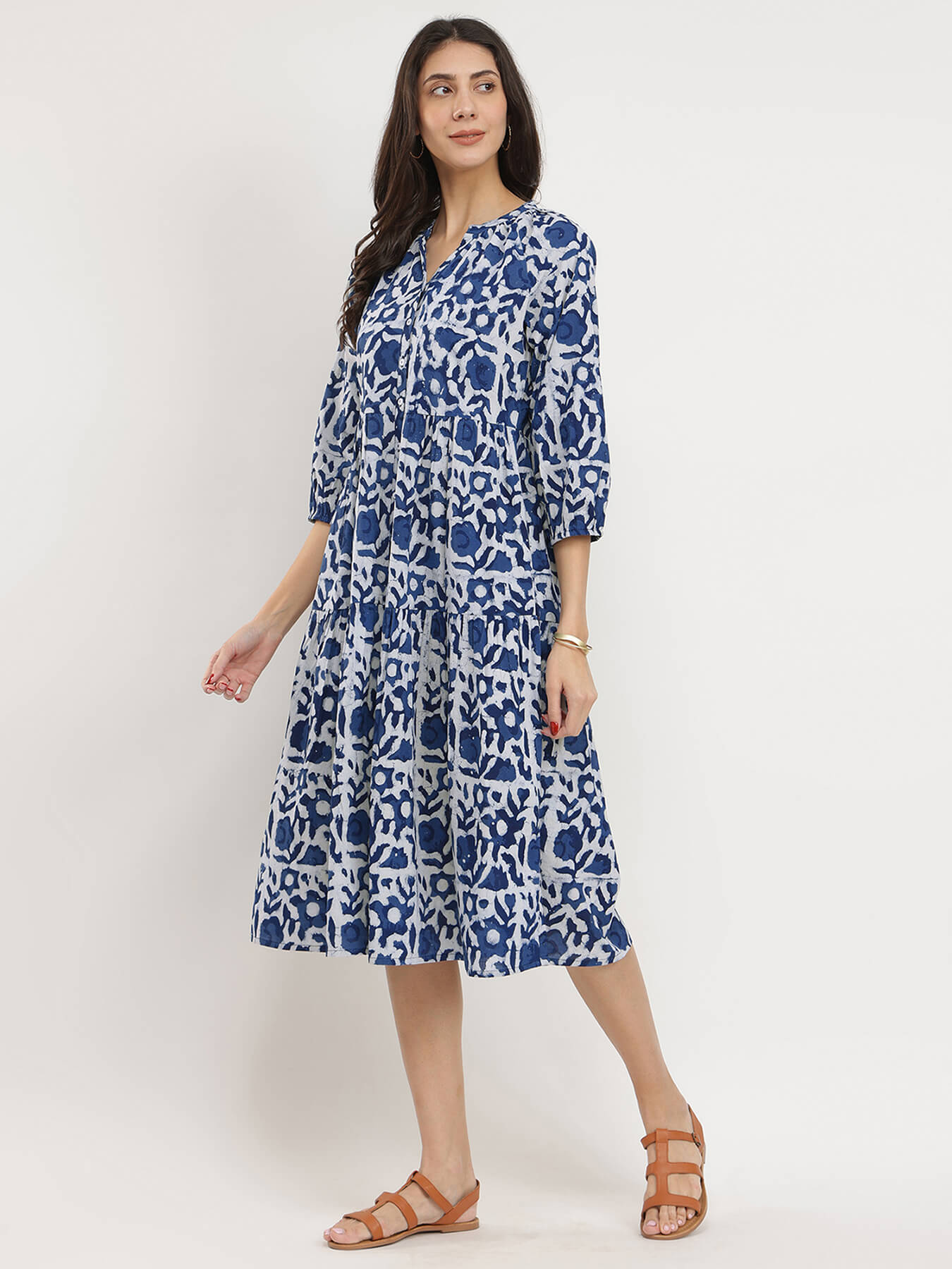 Cotton Dabu Floral Tiered Dress - Indigo