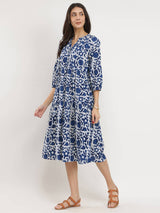 Cotton Dabu Floral Tiered Dress - Indigo