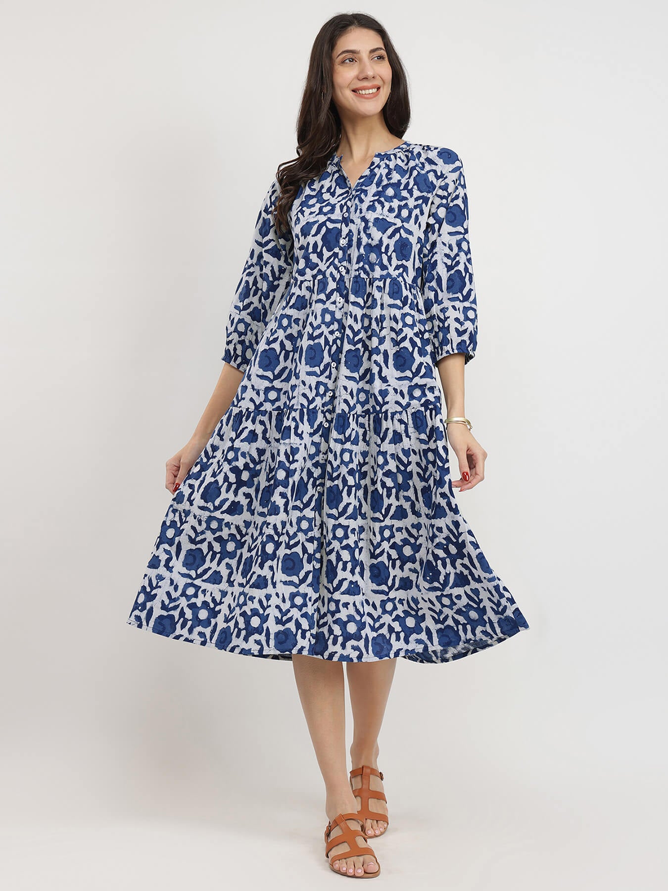 Cotton Dabu Floral Tiered Dress - Indigo
