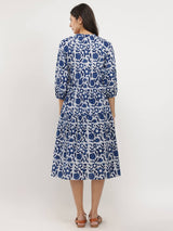 Cotton Dabu Floral Tiered Dress - Indigo