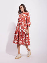 Cotton Floral Print Dress - Rust