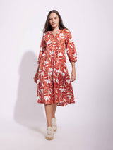 Cotton Floral Print Dress - Rust
