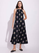 Cotton Ikat A-Line Halterneck Dress - Black