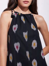 Cotton Ikat A-Line Halterneck Dress - Black