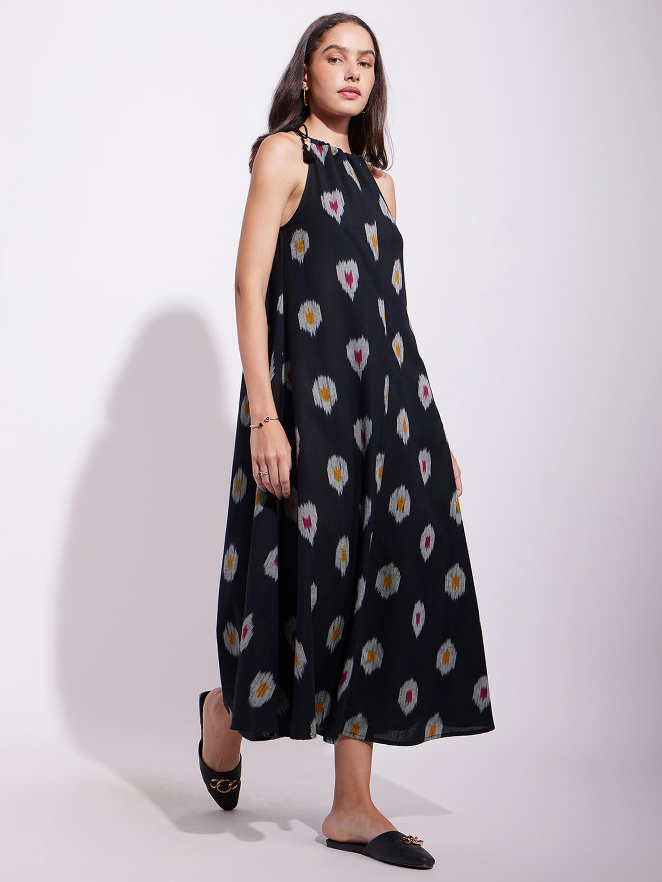 Cotton Ikat A-Line Halterneck Dress - Black
