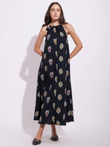 Cotton Ikat A-Line Halterneck Dress - Black