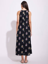 Cotton Ikat A-Line Halterneck Dress - Black