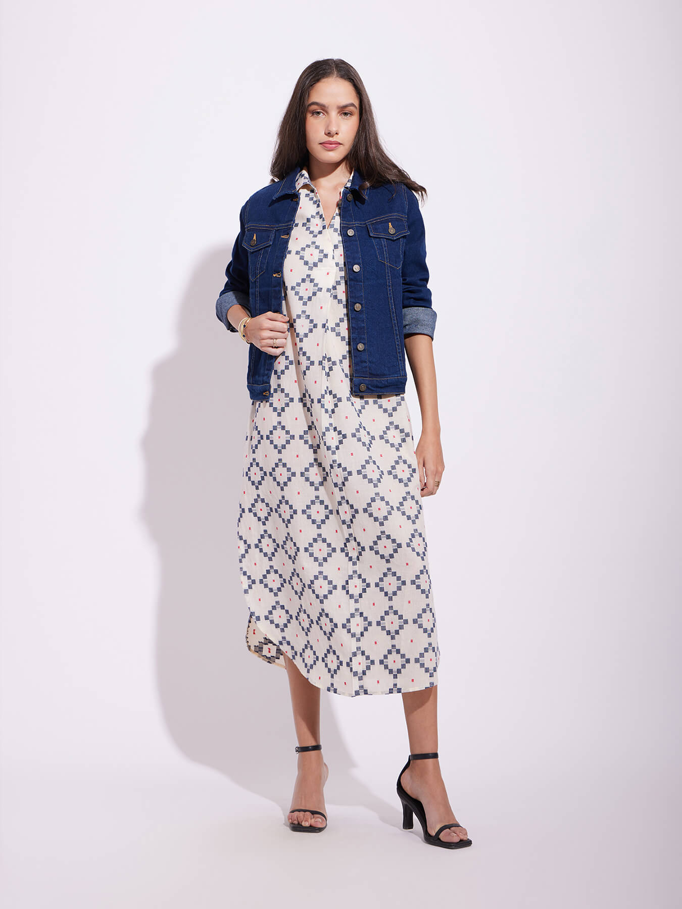 Cotton Checked Shirt Dress - Off-White & Blue
