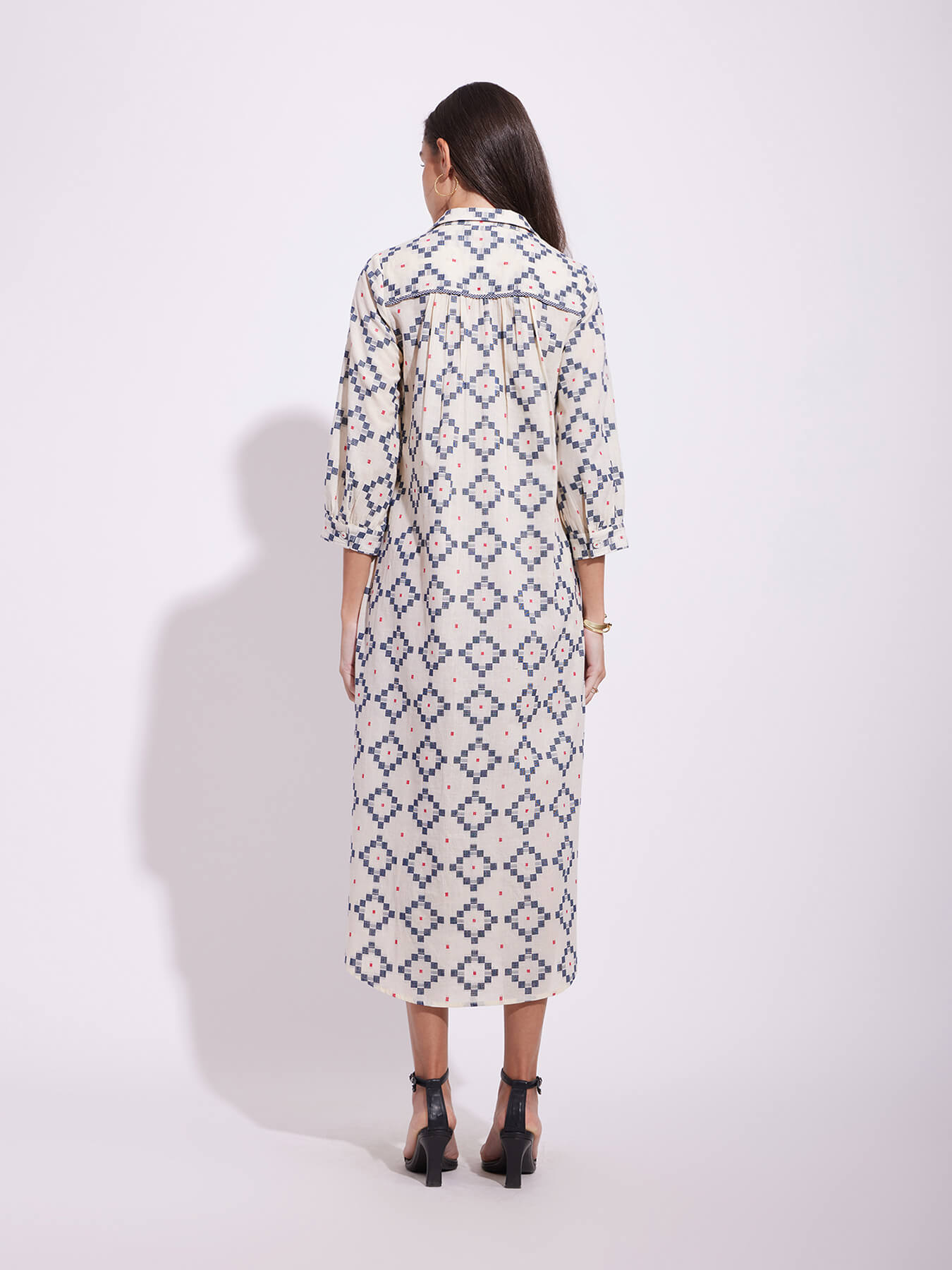 Cotton Checked Shirt Dress - Off-White & Blue