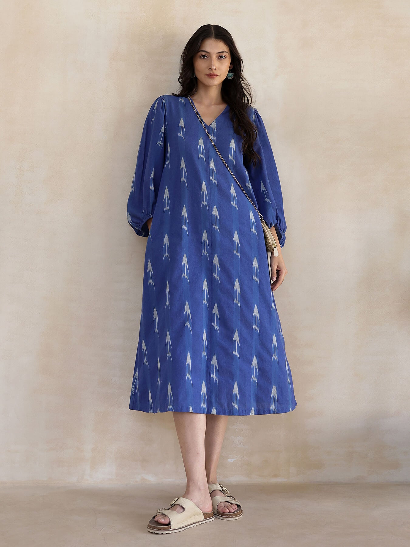 white christmas dresses Wine Ikkat Midi Dress for Women | Pure Cotton, With Pockets | Sizes S–6XL main image 0