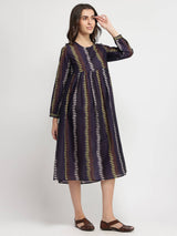 Cotton Striped A-Line Dress - Purple