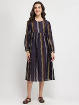 Cotton Striped A-Line Dress - Purple
