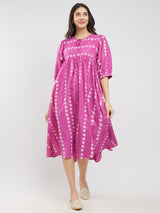 Cotton Dabu Polka A-Line Dress - Pink