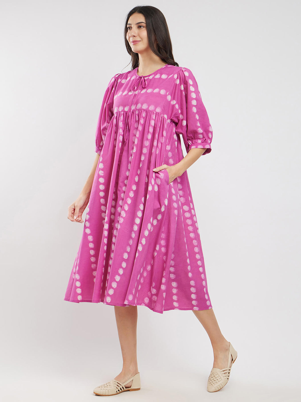 Cotton Polka Dabu Print A-Line Dress - Pink