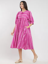 Cotton Dabu Polka A-Line Dress - Pink
