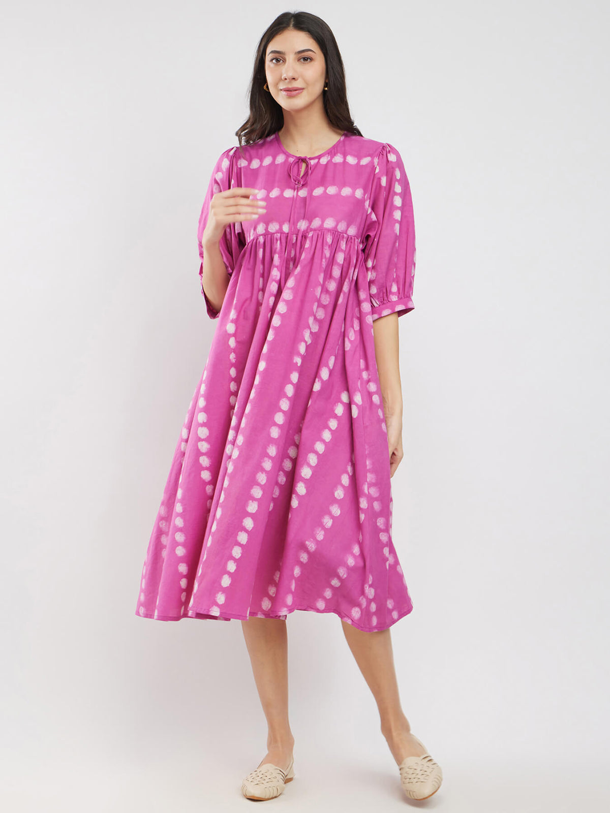 Cotton Polka Dabu Print A-Line Dress - Pink