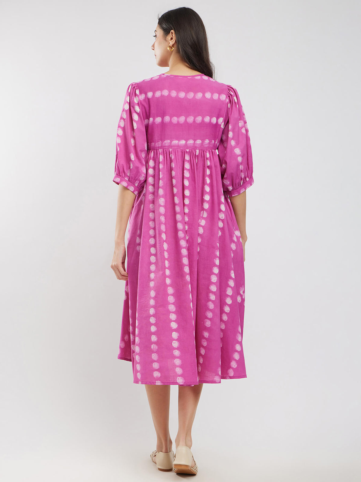 Cotton Polka Dabu Print A-Line Dress - Pink