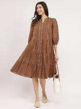Cotton Geometric Print Tiered Dress - Tan