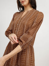 Cotton Geometric Print Tiered Dress - Tan