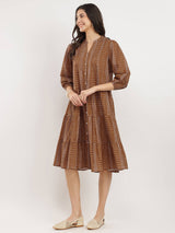 Cotton Geometric Print Tiered Dress - Tan