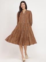 Cotton Geometric Print Tiered Dress - Tan