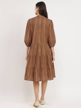 Cotton Geometric Print Tiered Dress - Tan