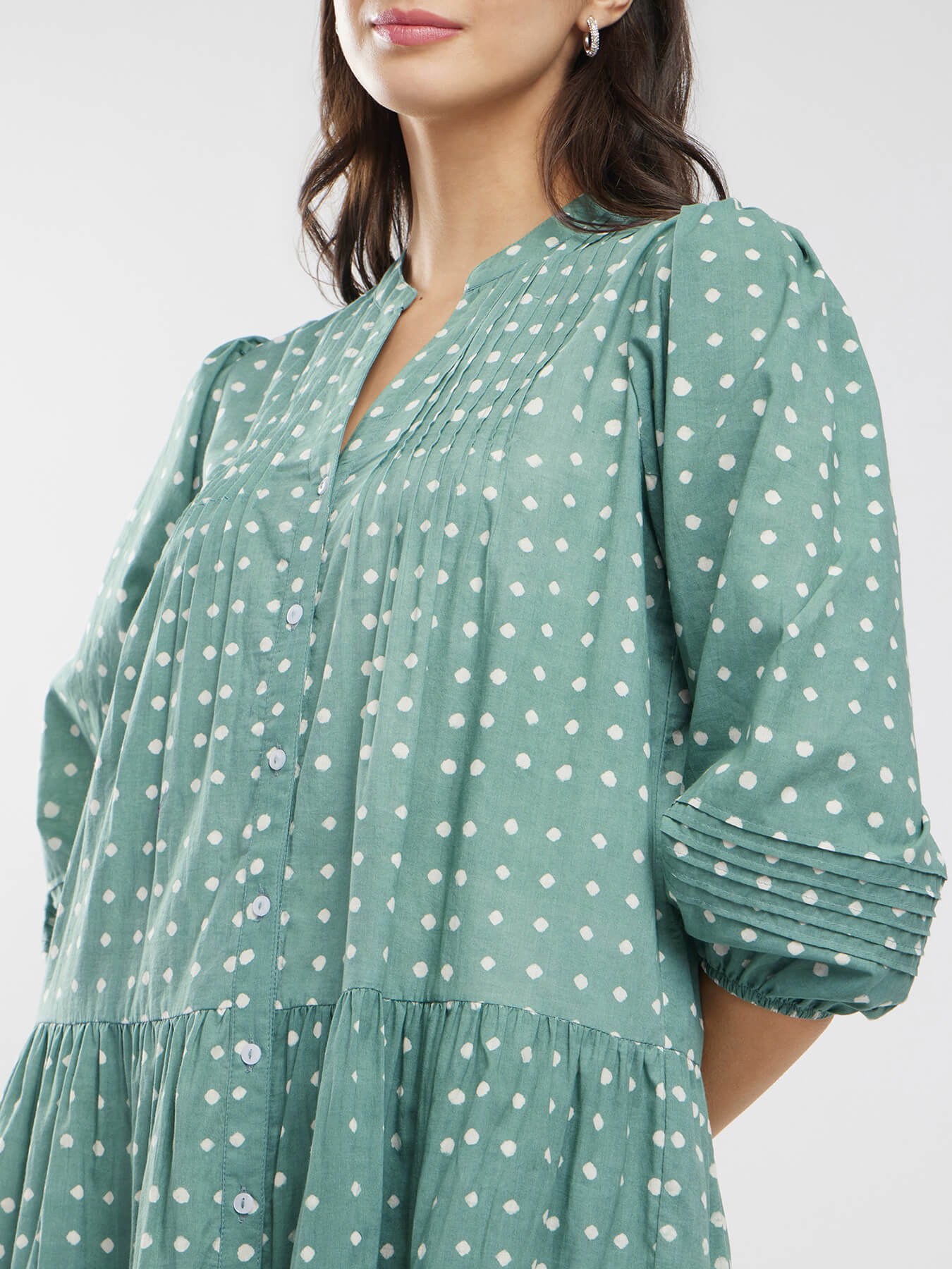Cotton Dabu Polka Tiered Dress - Green
