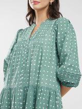 Cotton Dabu Polka Tiered Dress - Green