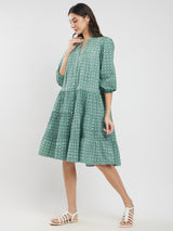 Cotton Dabu Polka Tiered Dress - Green
