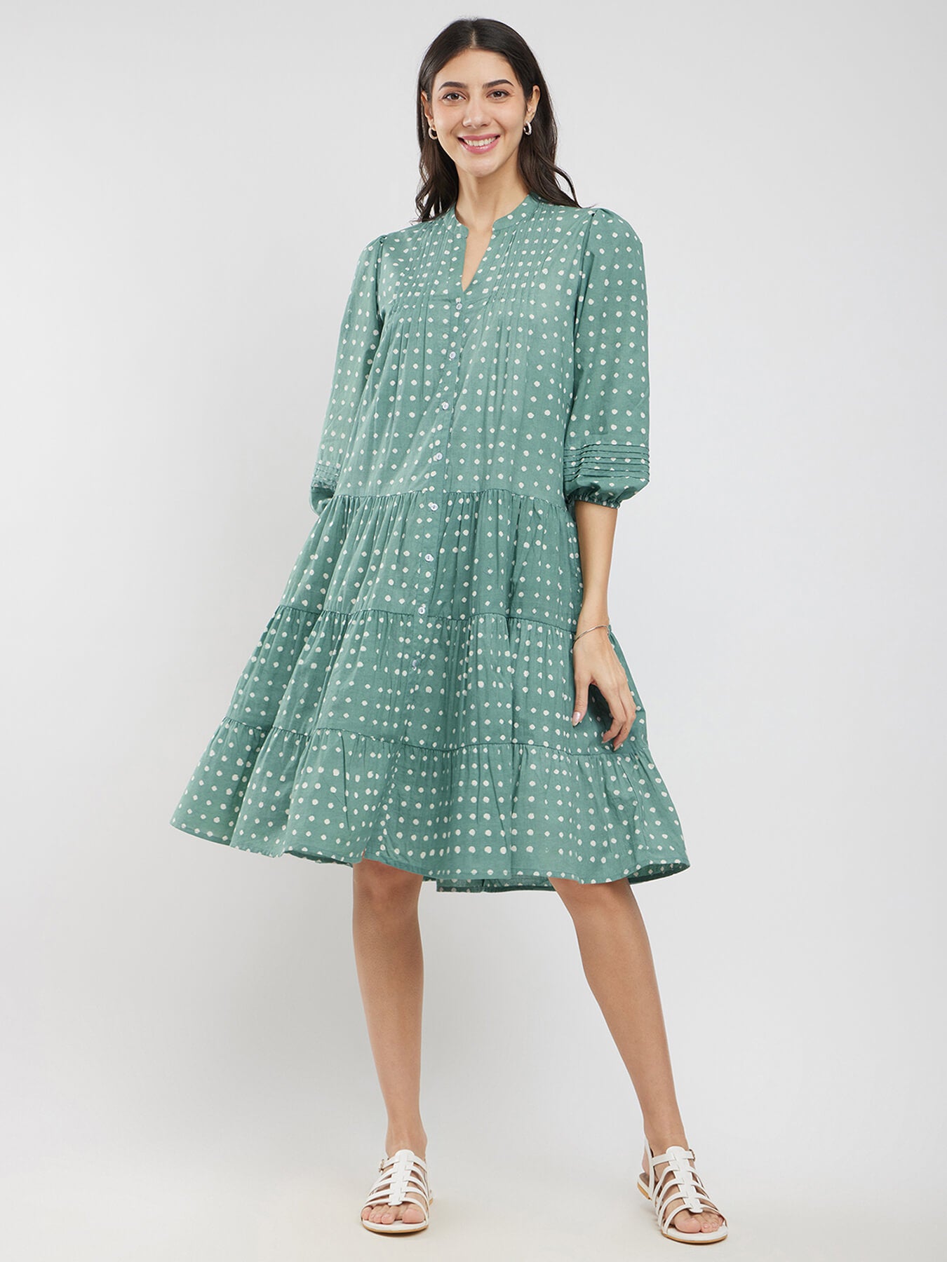 Cotton Dabu Polka Tiered Dress - Green