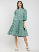 Cotton Dabu Polka Tiered Dress - Green