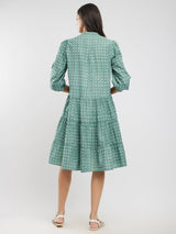 Cotton Dabu Polka Tiered Dress - Green